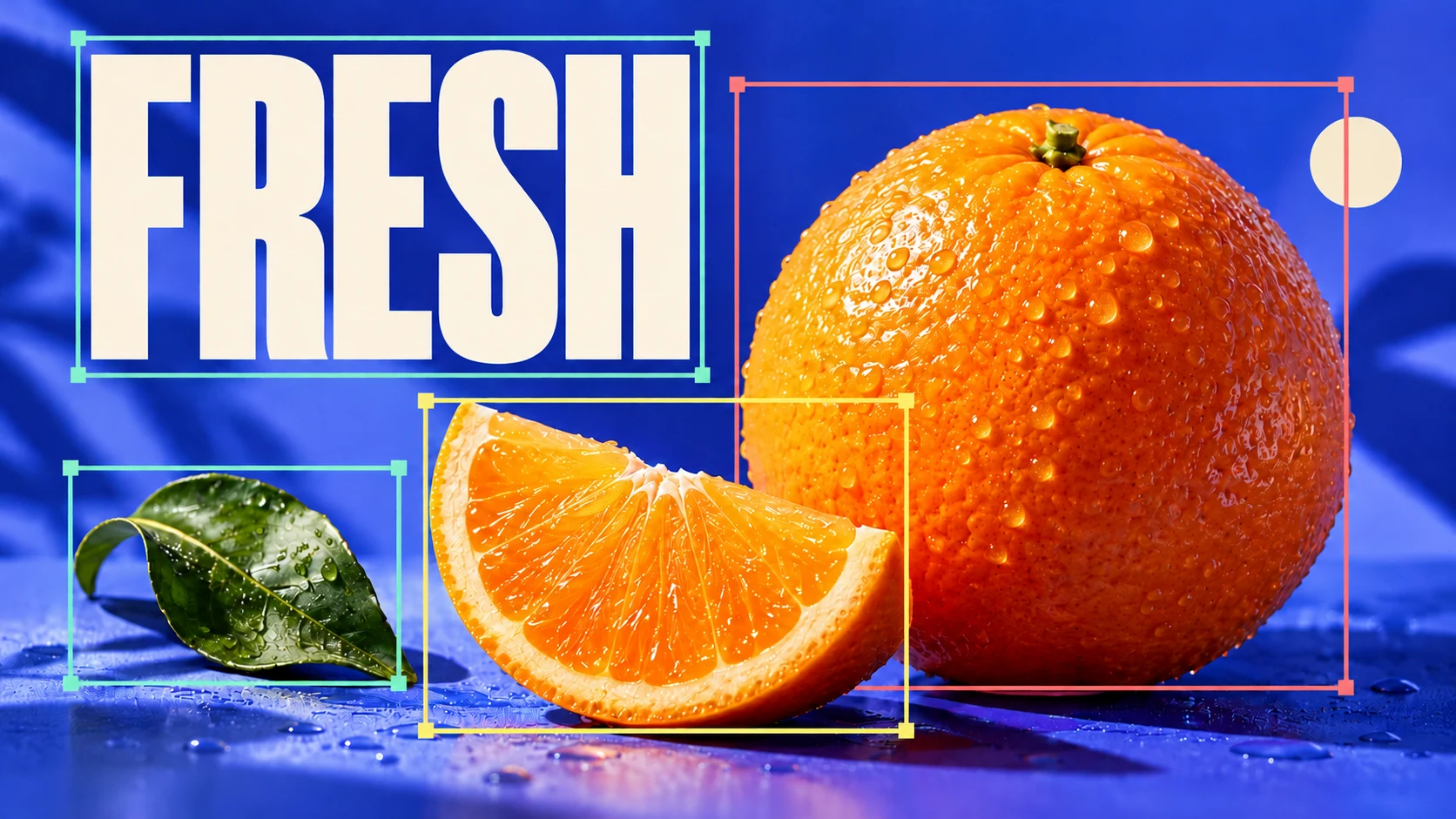 DAD concept illustration: element detection boxes around typography, fruit, and a leaf in a graphic design