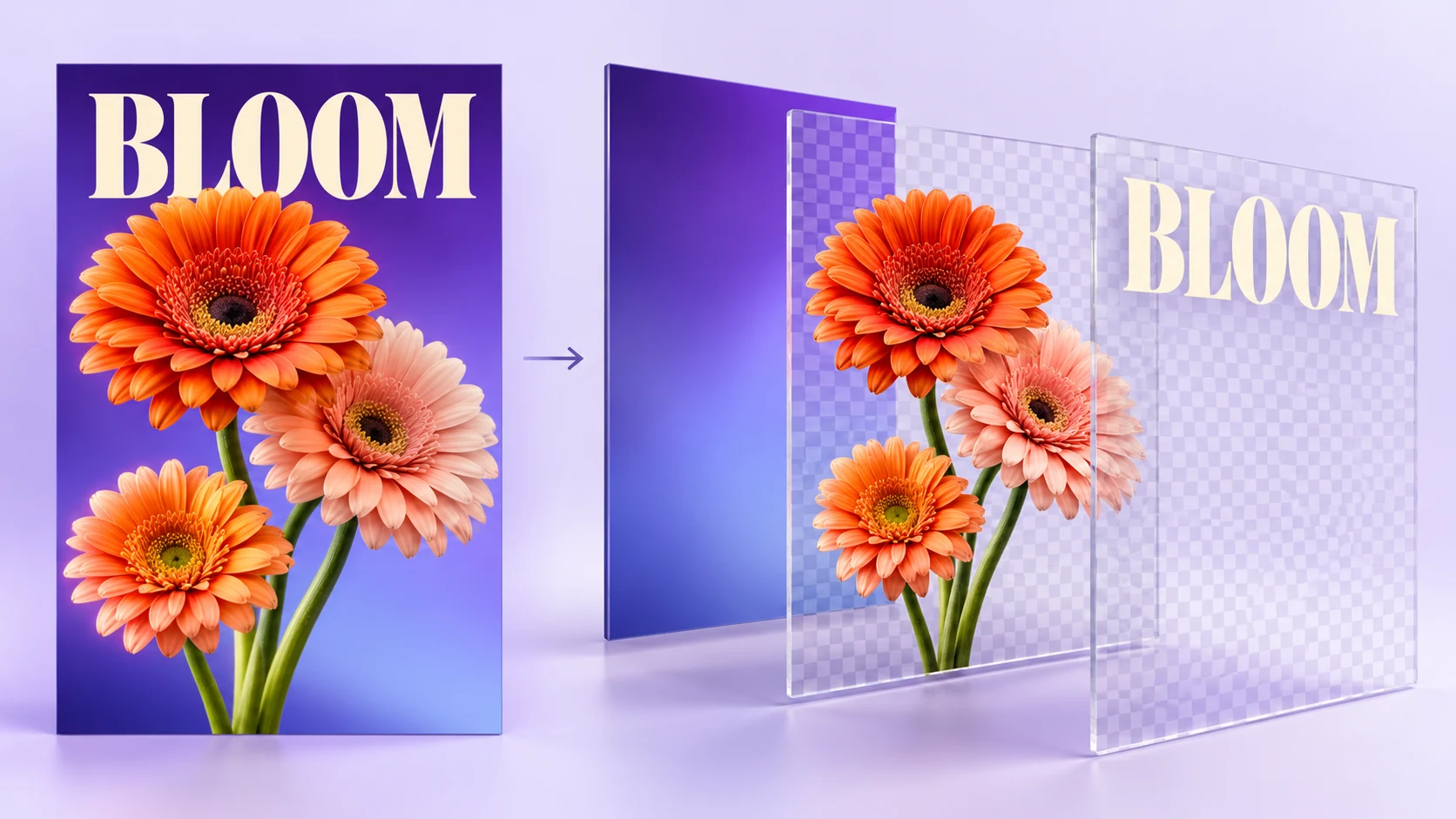 PixelART concept illustration: a floral poster decomposed into background, flowers, and transparent typography layers